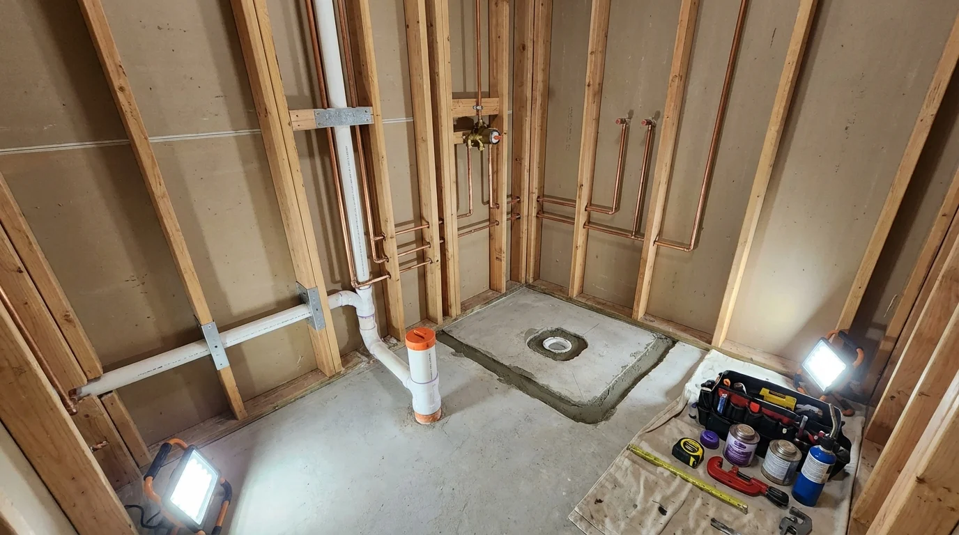 Bathroom rough-in plumbing during remodel by Johns Plumbing LLC in Jordan