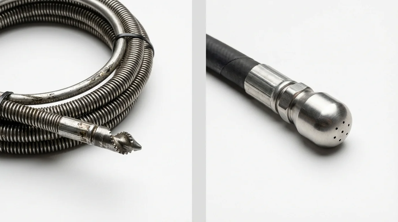 Drain snake cable and hydro jetting nozzle used for drain cleaning in Jordan, NY