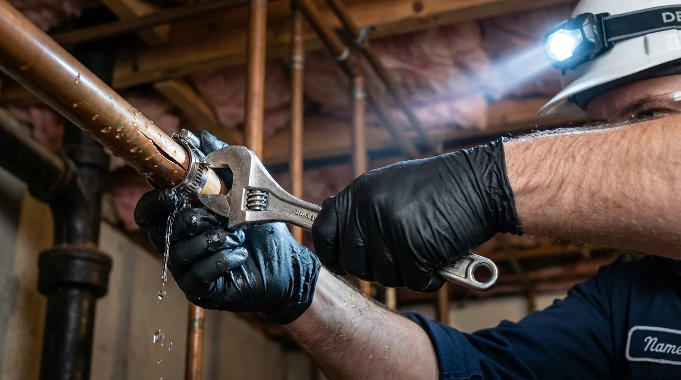 Emergency pipe clamp repair being performed by a Johns Plumbing LLC plumber in Jordan