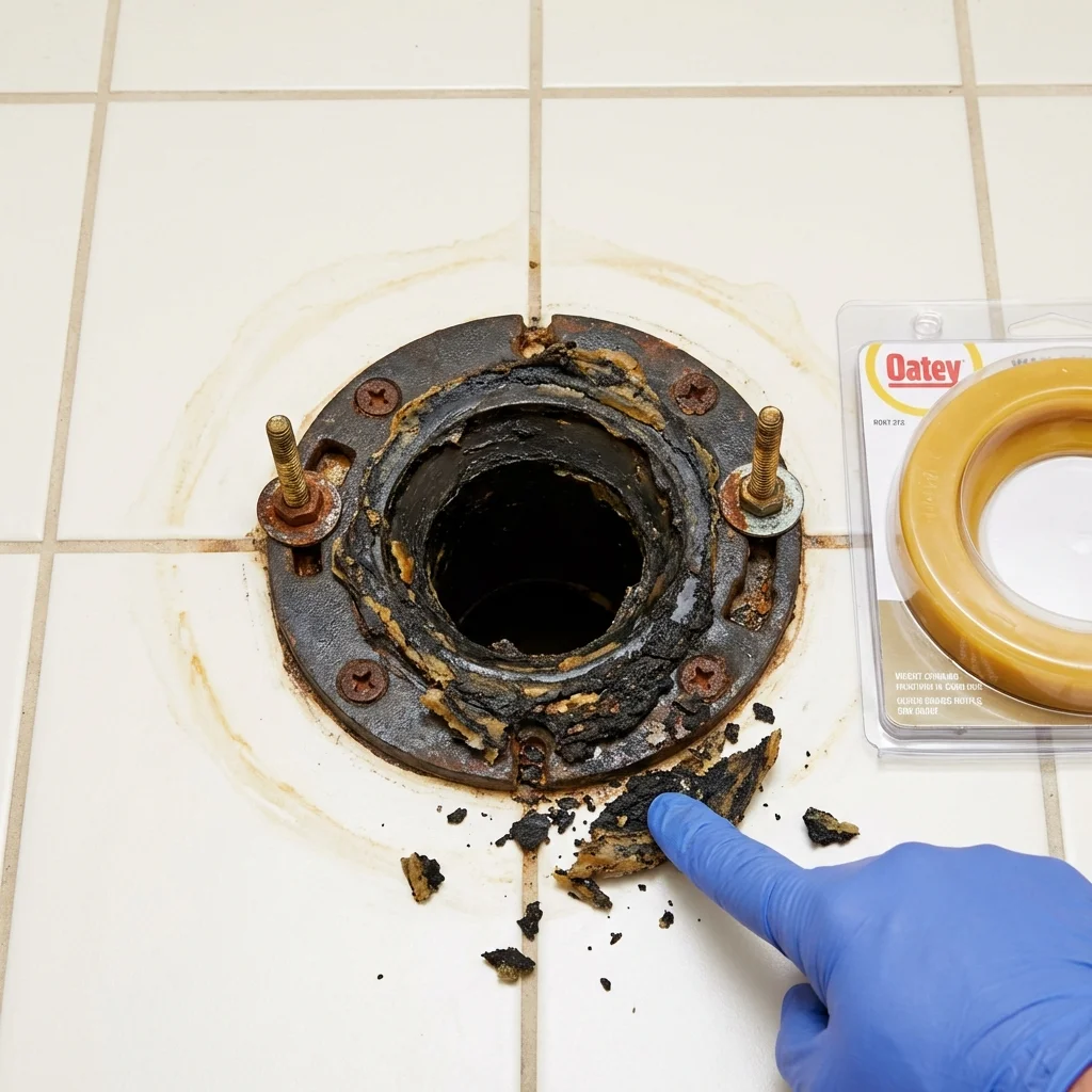 Failed wax ring showing water seepage at the base of a toilet in a Jordan, NY home