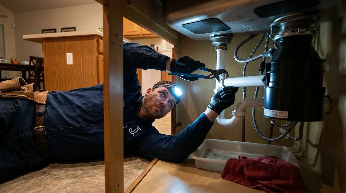 P-trap and supply line connections under a kitchen sink showing a common leak point in Jordan, NY